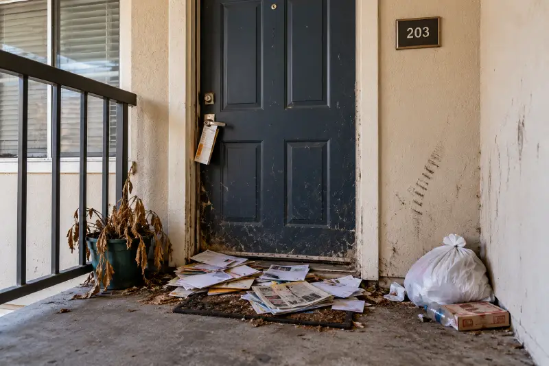 Apartment front door with signs that it was abandoned.