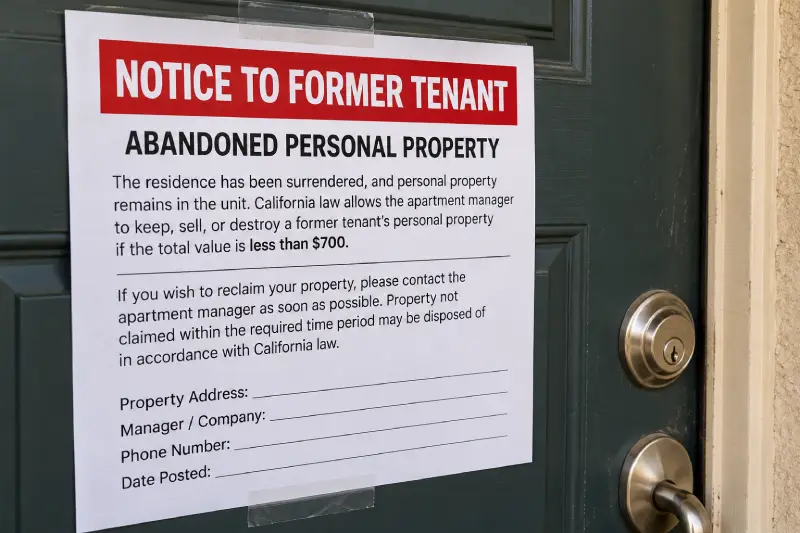 A notice saying that the apartment manager can kept, sell, or destroyed prior tenant's possessions if they are valued less than $700.
