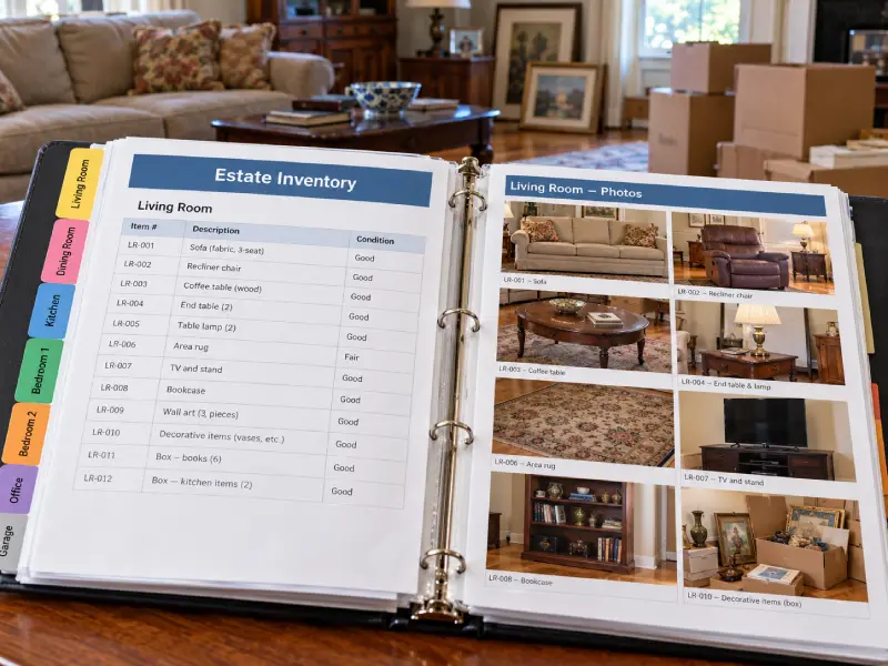 Trustee binder with a room-by-room list and photographs of household contents. The list of contents and photos protect the trustee.