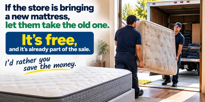 if the store is bringing a new one, let them take the old one. It's free, and it's already part of the sale. I'd rather you save the money.