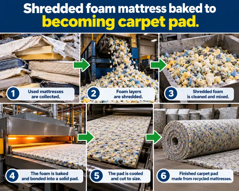 Shredded foam mattress baked to becoming carpet pad