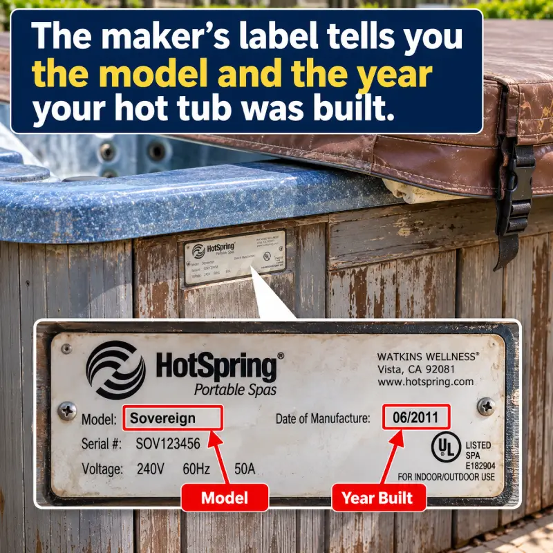 The manufacturer's label and serial number plate on a hot tub skirt panel