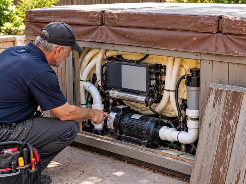 A spa technician with the cabinet panel off a hot tub, looking at the pump and heater