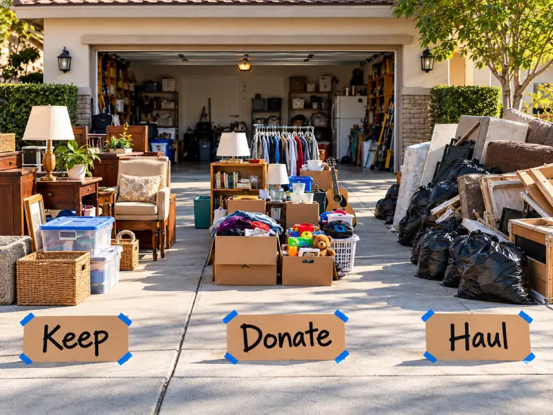 Label the piles Keep, Donate, and Haul with tape so helpers don't have to ask.