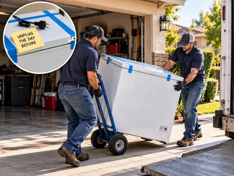 Two people moving a freezer with a hand truck. The freezer was unplugged the day before with the lid taped.