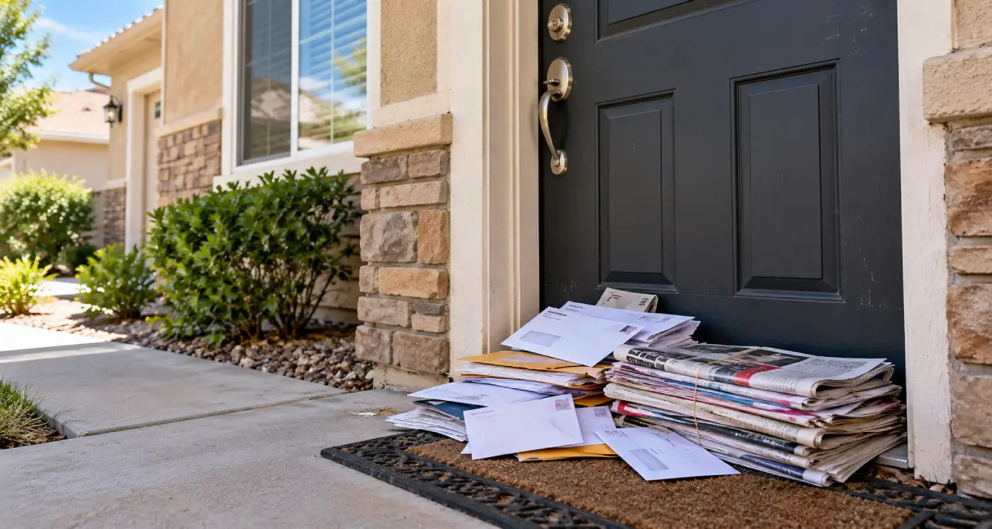 Vacant rental house with mailed and newspapers piled up at the front door.