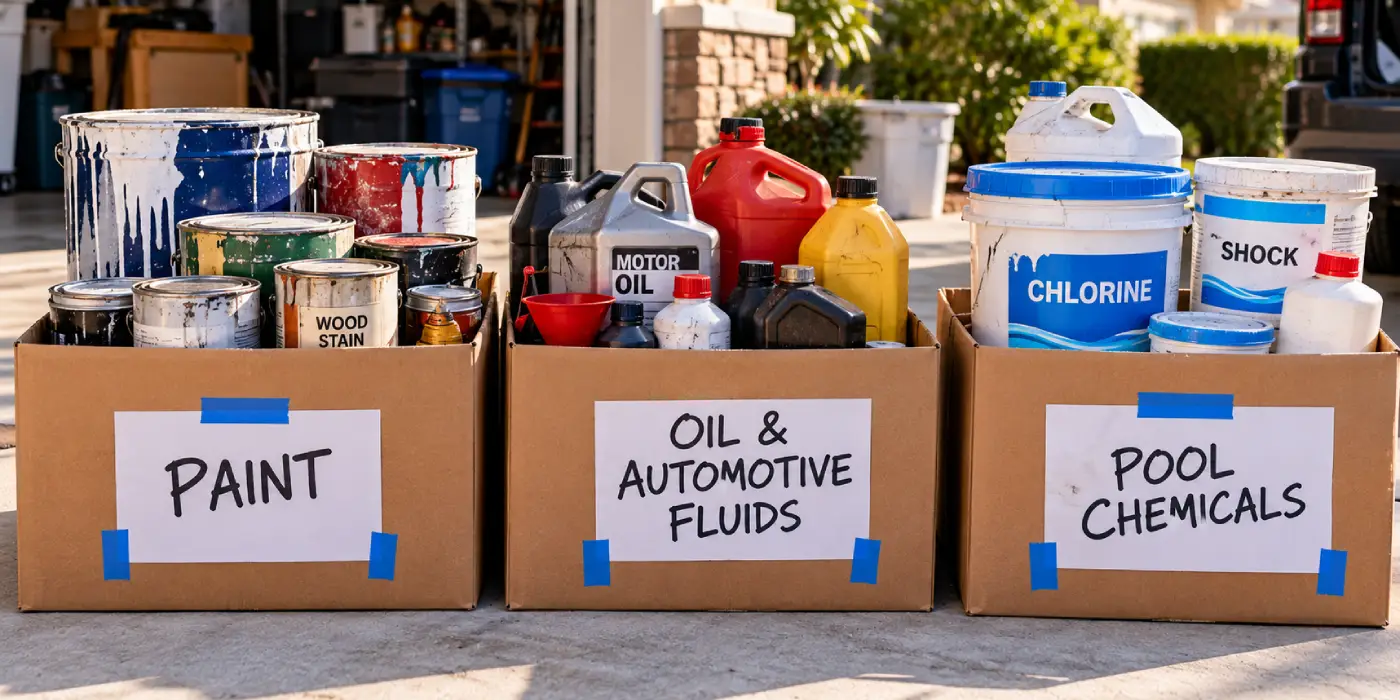 Old paint cans, oil jugs, and pool chemicals boxed for county junk drop off