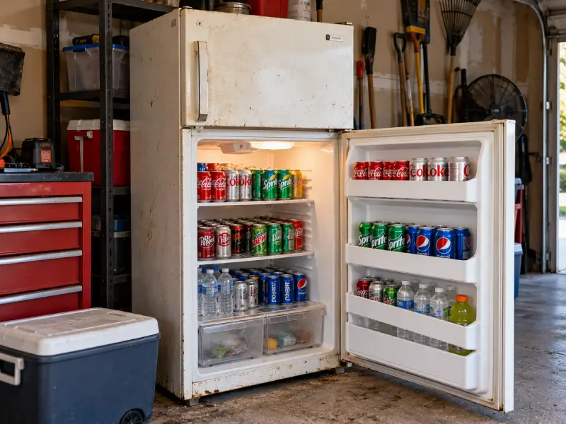 Stocked Garage Fridge in a Workshop