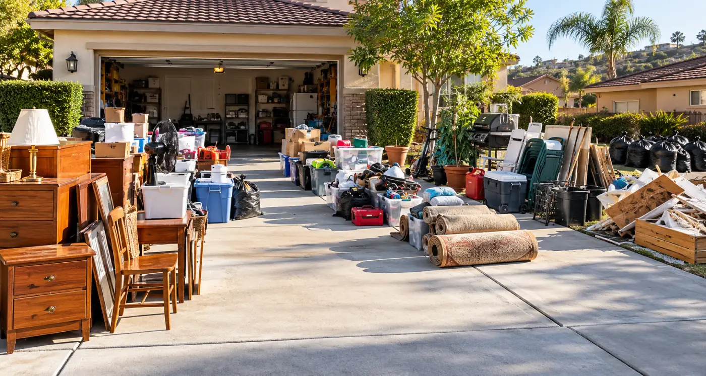 Junk out of the garage first. Sorting on the driveway goes faster than sorting around the car.