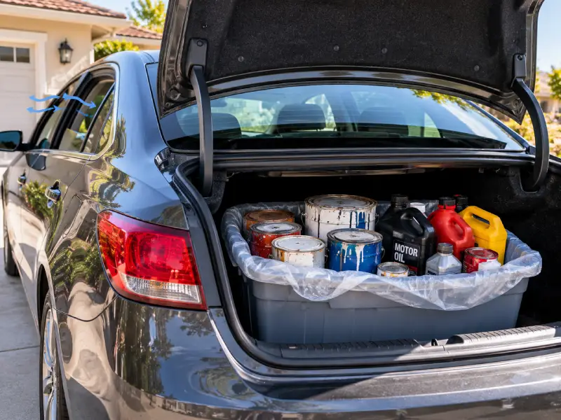 Car trunk (not the back seat) with a lined tub of paint and oil containers.