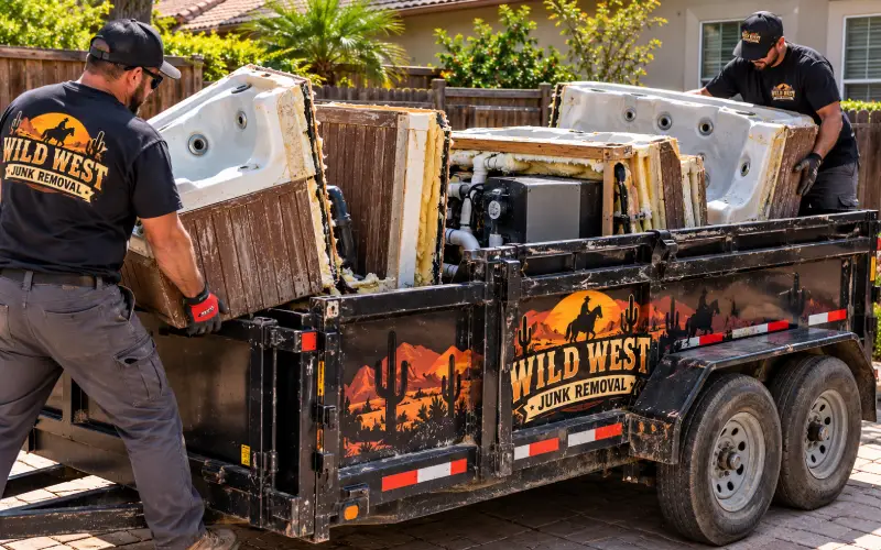 A sectioned hot tub shell loaded on the Wild West Junk Removal trailer in Temecula