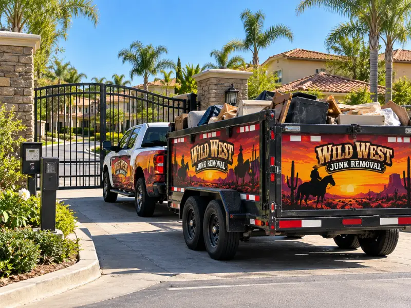 A Wild West Junk Removal trailer with fancy graphics at a gated community.
