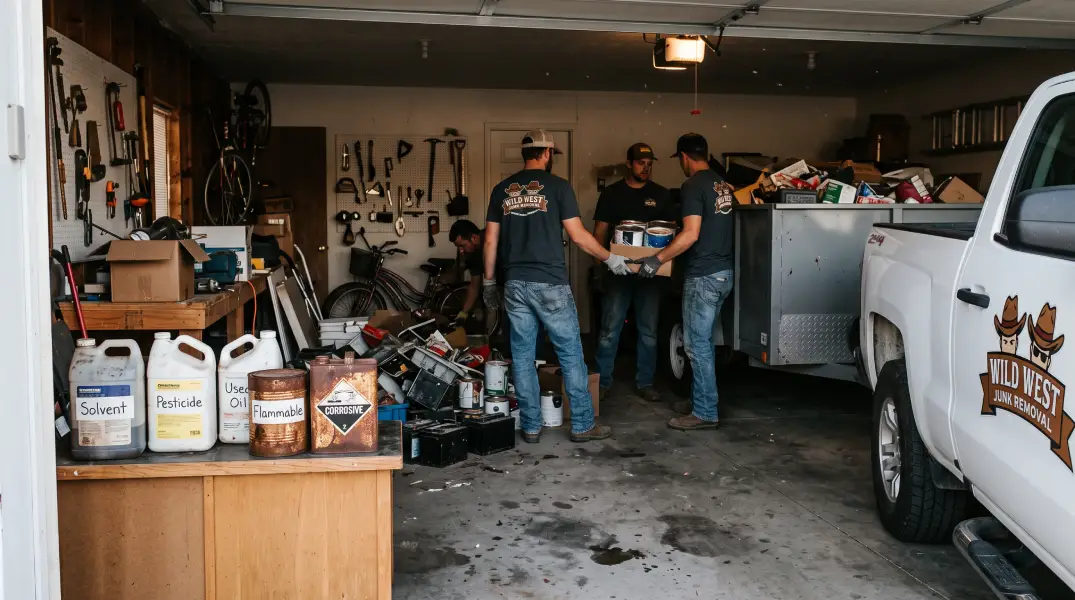 Chemicals set aside in a corner of the garage while a Wild West Junk Removal crew loads the rest of the hazardous pile into the trailer.