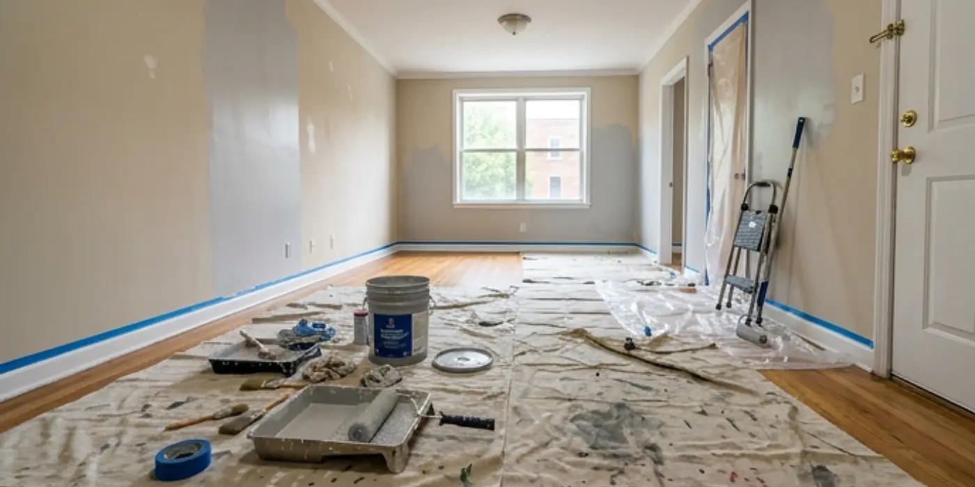 Empty rental unit mid make-ready, drop cloths and paint trays on floor.