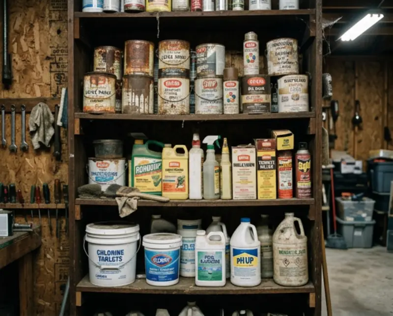 Garage shelf full of old paint, pesticides, and pool chemicals.