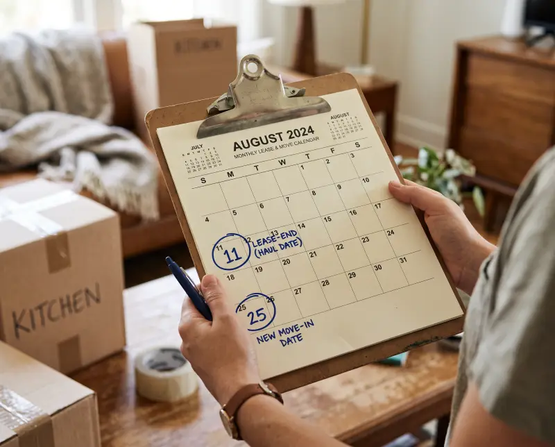 If you know the lease-end date, you already know the haul date. Calendar on a clipboard with lease-end and move-in dates circled.