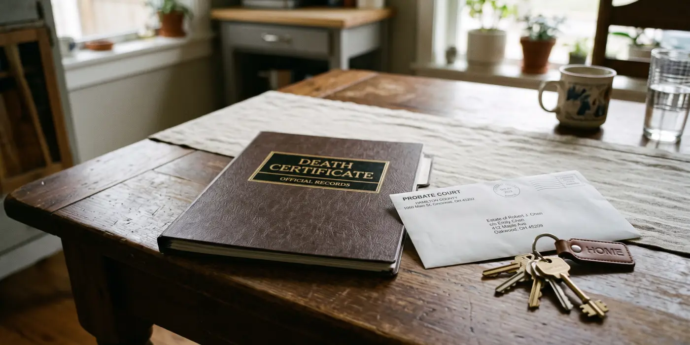 Kitchen table with a death certificate folder, house keys, and a probate court envelope.