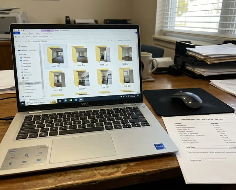 Laptop folder of labeled move-out photos next to an itemized statement. One folder per unit, labeled by room number.