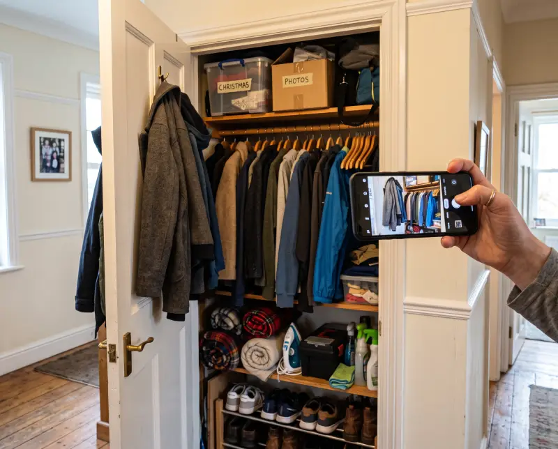 Phone photographing the inside of an open hall closet