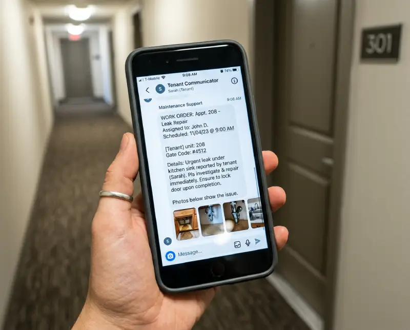 Phone showing a work order text with apartment unit number, gate code and photos.