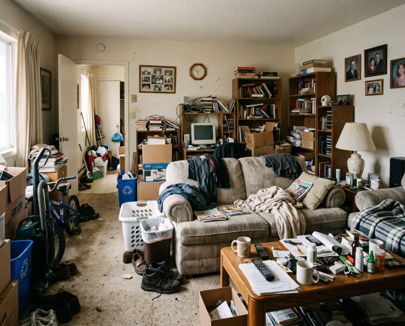 Shoot photos with everything still in the apartment. The junk removal comes after the before photos are taken.