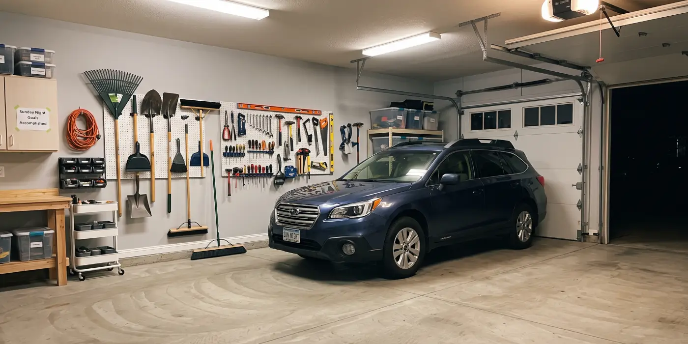 Sunday night goal was to empty garage, sweep the floor with the tools hung on the wall and the car inside.